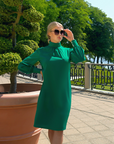GRACE (CHARMING) BASIL GREEN KNEE-LENGTH DRESS WITH HIGH NECK, LONG SLEEVES AND PEARL BUTTONS