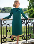 ALINA (KIND) FOREST GREEN KNEE-LENGTH DRESS WITH LONG SLEEVES, DRAPED NECKLINE AND PEARL BUTTONS