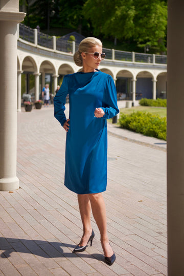 ALINA (KIND) MARINE BLUE KNEE-LENGTH DRESS WITH LONG SLEEVES, DRAPED NECKLINE AND PEARL BUTTONS