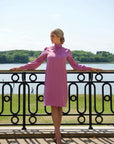 GRACE (CHARMING) DUSTY PINK KNEE-LENGTH DRESS WITH HIGH NECK, LONG SLEEVES AND PEARL BUTTONS