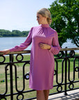 GRACE (CHARMING) DUSTY PINK KNEE-LENGTH DRESS WITH HIGH NECK, LONG SLEEVES AND PEARL BUTTONS