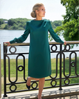 ALINA (KIND) FOREST GREEN KNEE-LENGTH DRESS WITH LONG SLEEVES, DRAPED NECKLINE AND PEARL BUTTONS