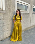 AUDREY (STRONG) OLIVE GREEN SATIN JUMPSUIT W. WIDE LEGS