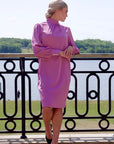GRACE (CHARMING) DUSTY PINK KNEE-LENGTH DRESS WITH HIGH NECK, LONG SLEEVES AND PEARL BUTTONS