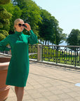 GRACE (CHARMING) BASIL GREEN KNEE-LENGTH DRESS WITH HIGH NECK, LONG SLEEVES AND PEARL BUTTONS