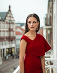 RUBY (GEM) RED SIDE CAPE BODYCON DRESS-DRESS-ROSA FAIZZAD