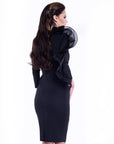 ZARA (BEAUTIFUL FLOWER) CLASSY BLACK DRESS W/ BOW RUFFLE & BROOCH-DRESS-ROSA FAIZZAD