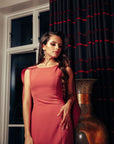 JIANA (BLESSING) CORAL COWL CAPE COCKTAIL DRESS-DRESS-ROSA FAIZZAD