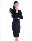 ZARA (BEAUTIFUL FLOWER) CLASSY BLACK DRESS W/ BOW RUFFLE & BROOCH-DRESS-ROSA FAIZZAD