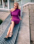 JULIANE (FEARLESS) PURPLE BERRY SHOULDER PEAK BODYCON DRESS-DRESS-ROSA FAIZZAD
