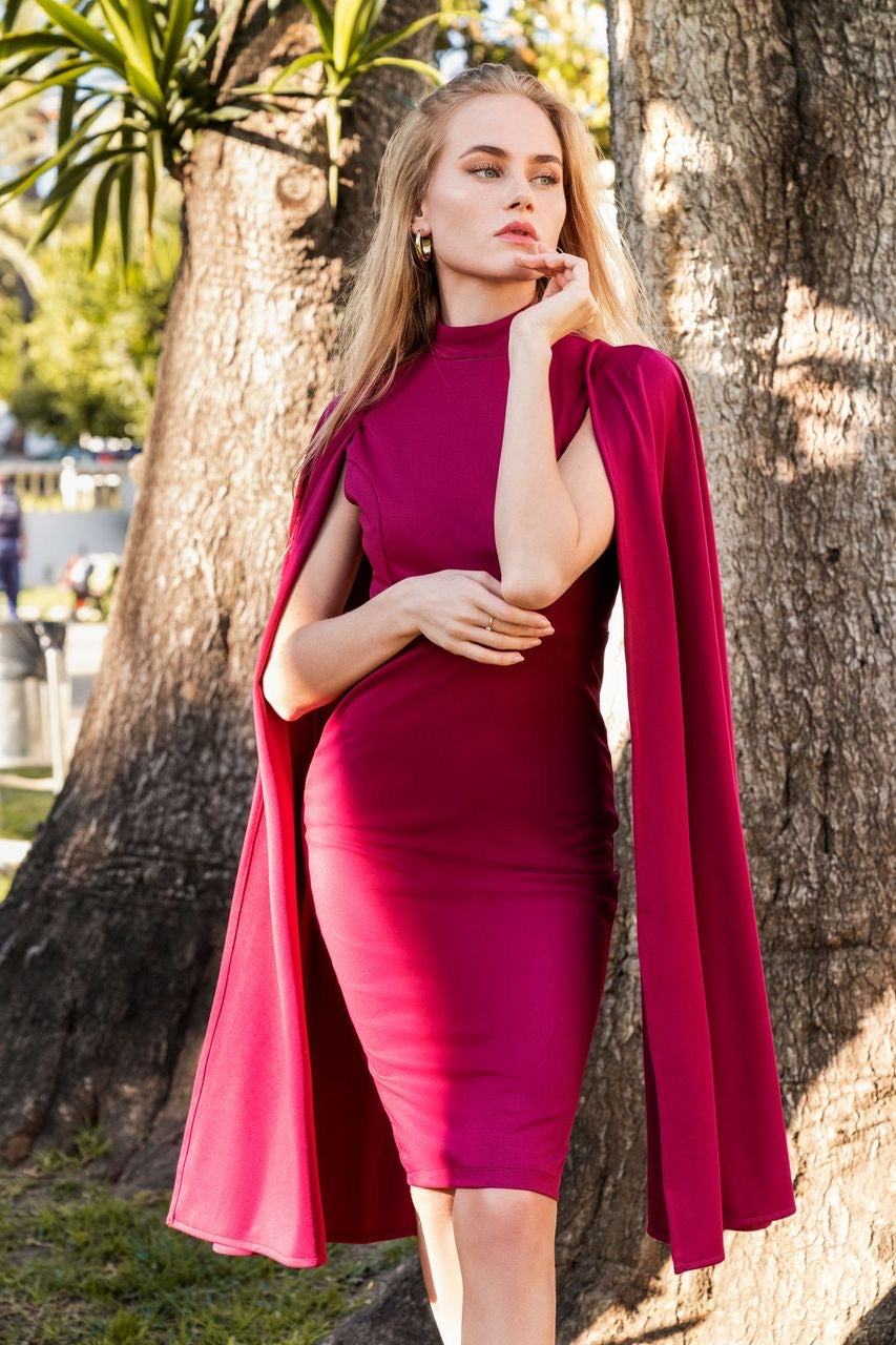 KIANA (DIVINE) MAGENTA HIGH NECK CAPE DRESS - Main Image