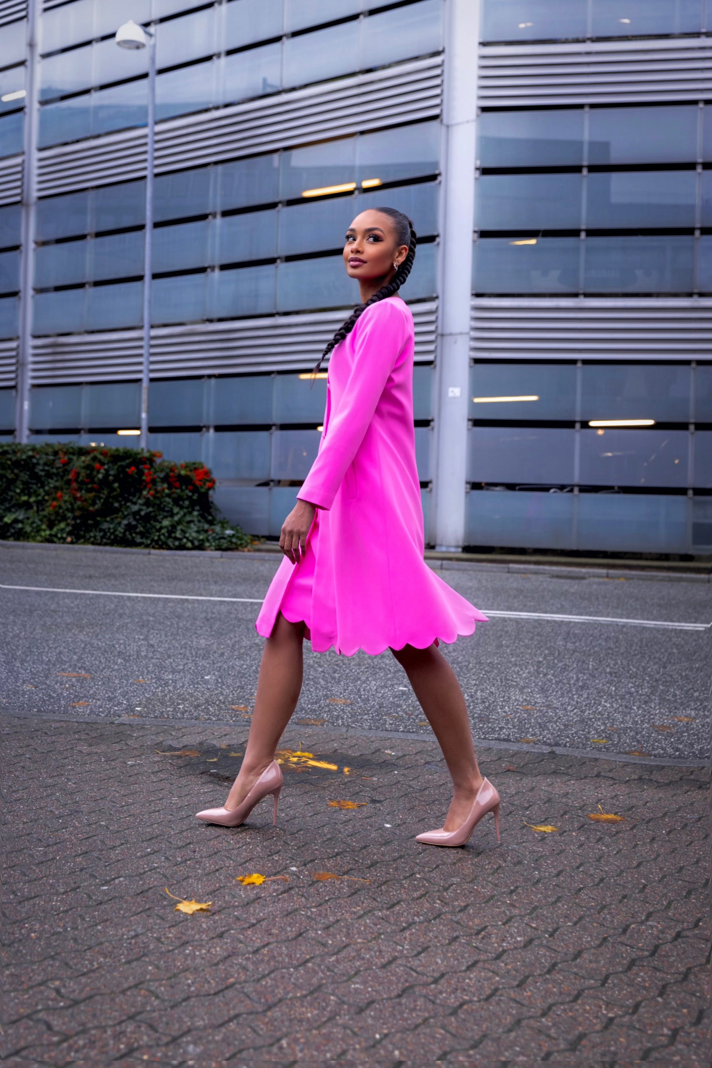 ALIZA (JOYFUL SPIRIT) PINK 2-PIECE SET W. LOOSE KNEE-LENGTH DRESS AND JACKET W. PETAL HEM DETAIL