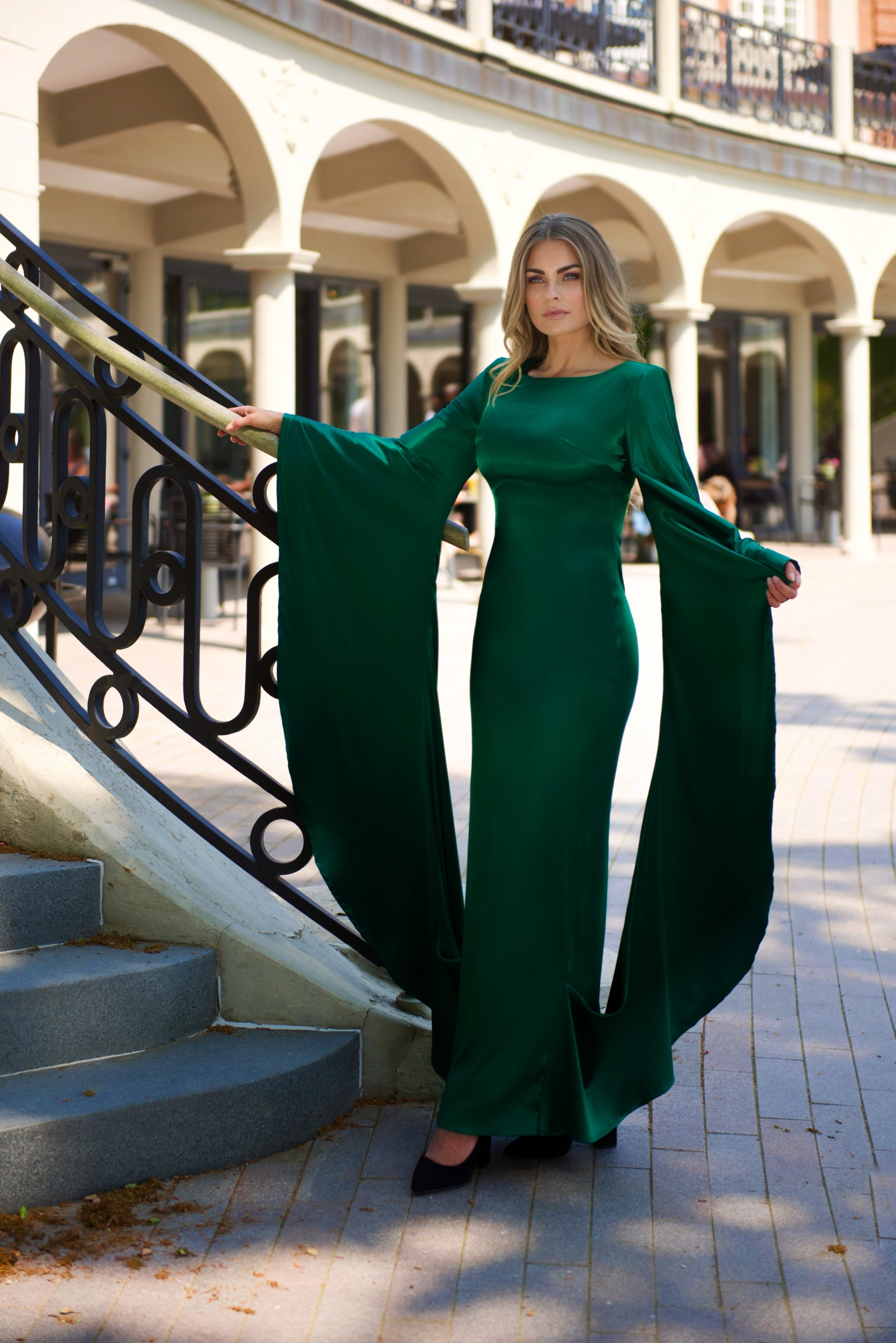 YARA (BUTTERFLY) BASIL GREEN LONG FLARE SLEEVED SATIN GOWN