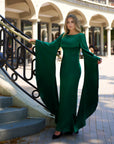 YARA (BUTTERFLY) BASIL GREEN LONG FLARE SLEEVED SATIN GOWN