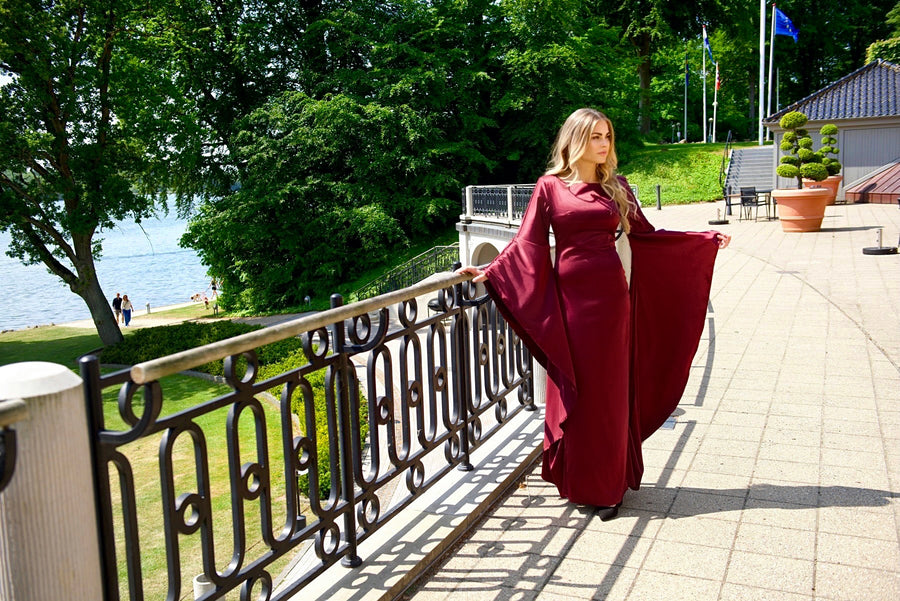 YARA (BUTTERFLY) WINE RED LONG FLARE SLEEVED SATIN GOWN