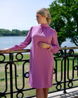 GRACE (CHARMING) LAVENDER KNEE-LENGTH DRESS WITH HIGH NECK, LONG SLEEVES AND PEARL BUTTONS
