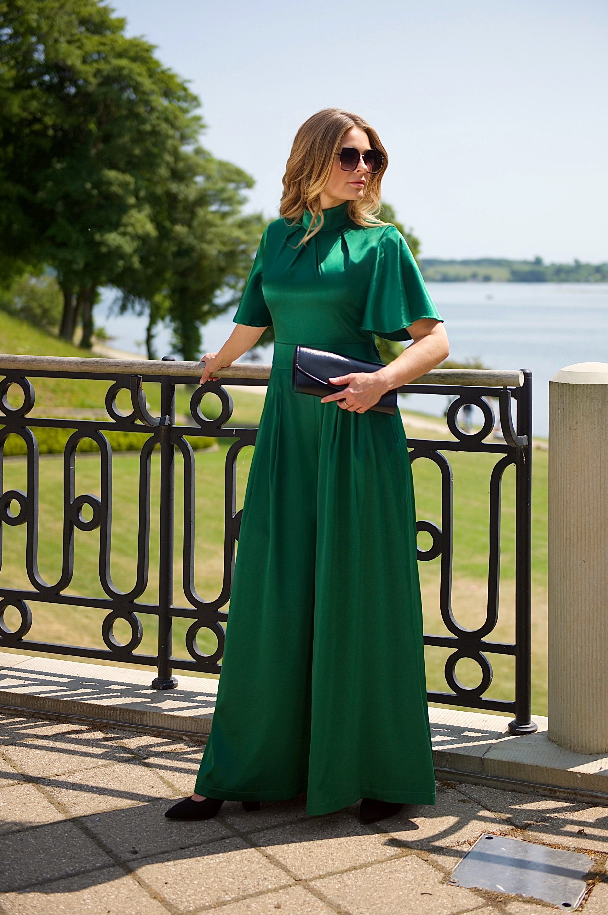 AUDREY (STRONG) BASIL GREEN SATIN JUMPSUIT W. WIDE LEGS