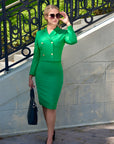 AMELIA (ASPIRATION) BRIGHT GREEN 2-PIECE SUIT W. SHORT BLAZER AND HIGH WAISTED KNEE-LENGHT PENCIL SKIRT