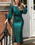 ESTELLE (STAR) DARK GREEN CLASSIC MID CALF-LENGTH SEQUIN DRESS W. LONG BUBBLE SLEEVES