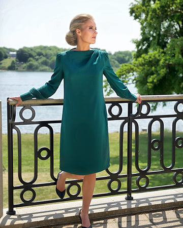 ALINA (KIND) FOREST GREEN KNEE-LENGTH DRESS WITH LONG SLEEVES, DRAPED NECKLINE AND PEARL BUTTONS