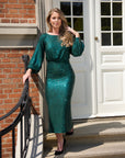 ESTELLE (STAR) DARK GREEN CLASSIC MID CALF-LENGTH SEQUIN DRESS W. LONG BUBBLE SLEEVES