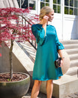 AVA (LIFE) EMERALD LOOSE SATIN KEE-LENGTH DRESS W. RUFFLE SLEEVES