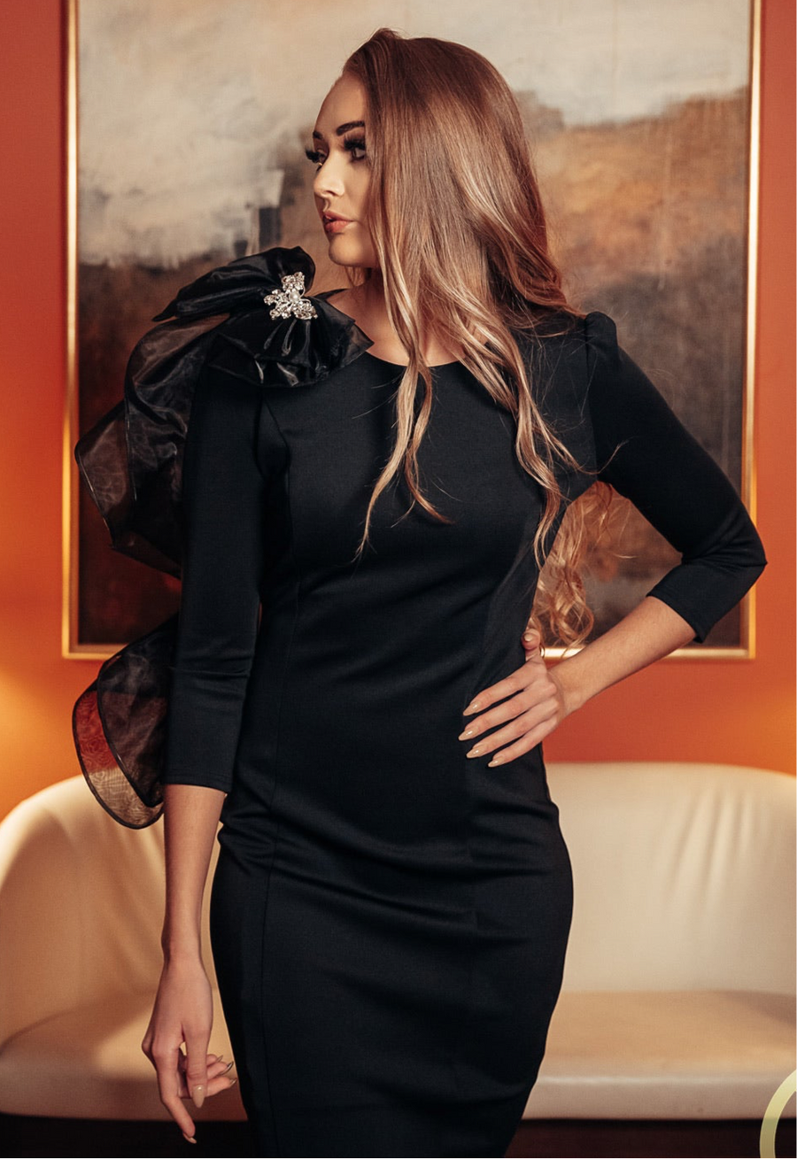 black dress with flowers zara ZARA (PRINCESS) CLASSY BLACK DRESS W/ BOW RUFFLE & BROOCH – ROSA FAIZZAD