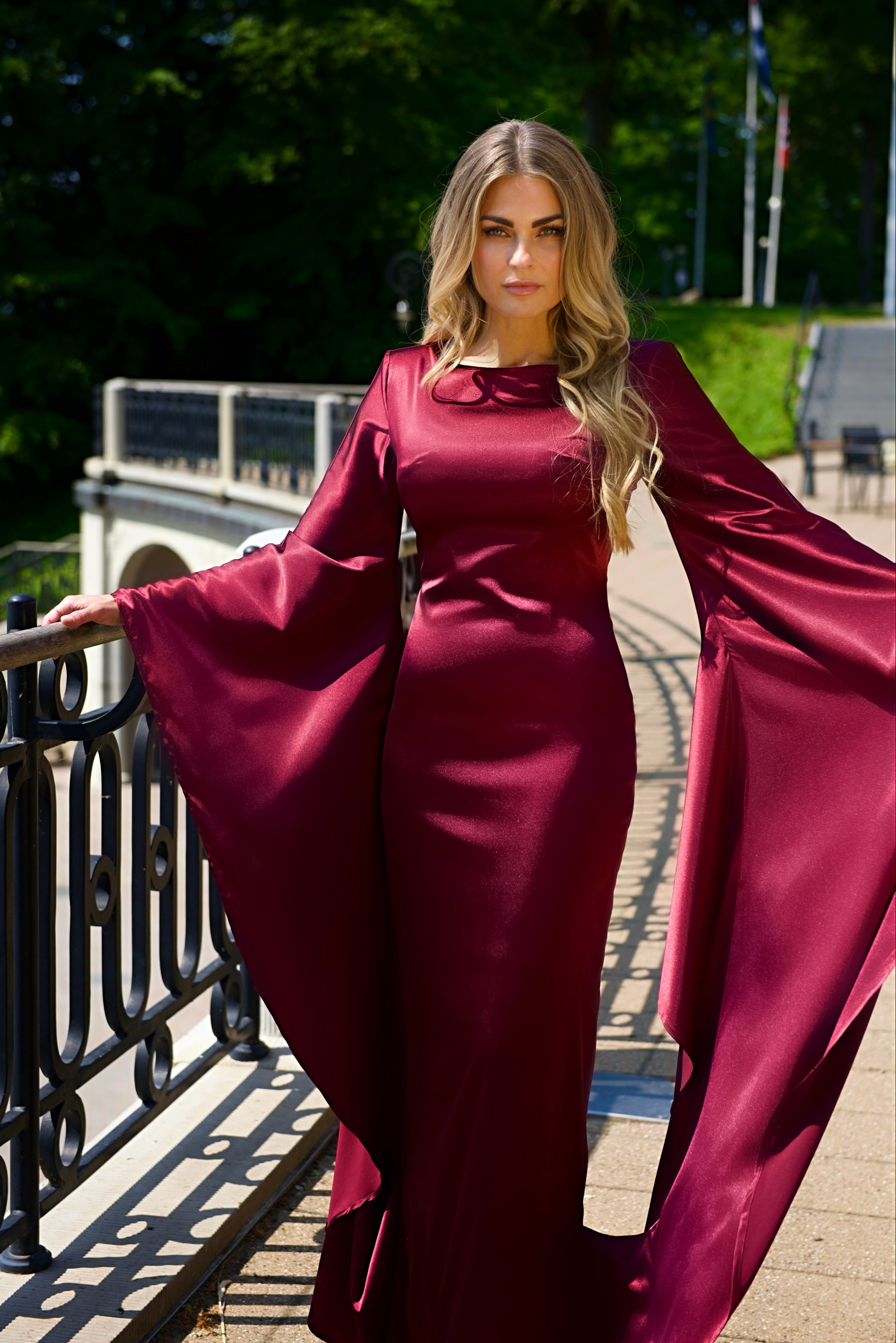 YARA (BUTTERFLY) WINE RED LONG FLARE SLEEVED SATIN GOWN