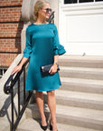 AVA (LIFE) EMERALD LOOSE SATIN KEE-LENGTH DRESS W. RUFFLE SLEEVES