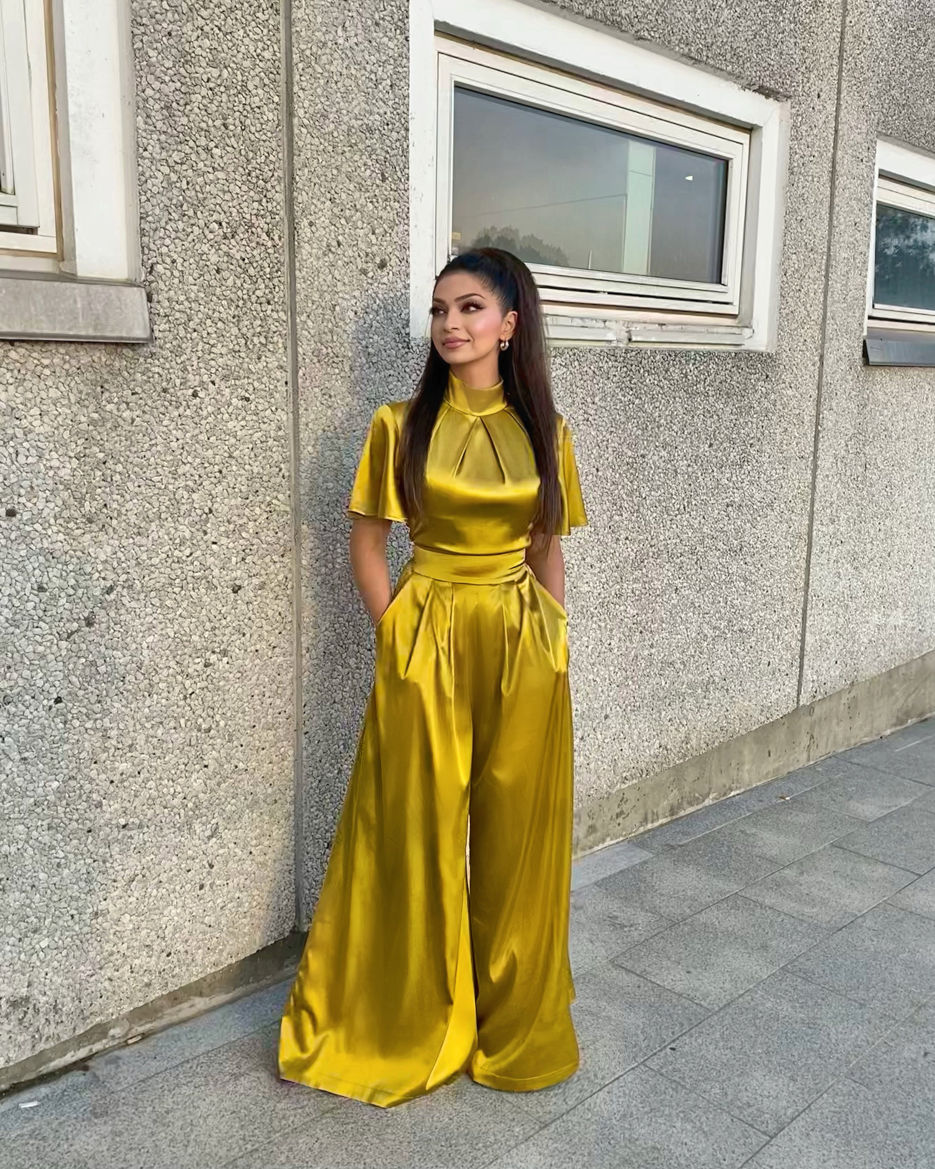 AUDREY (STRONG) OLIVE GREEN SATIN JUMPSUIT W. WIDE LEGS