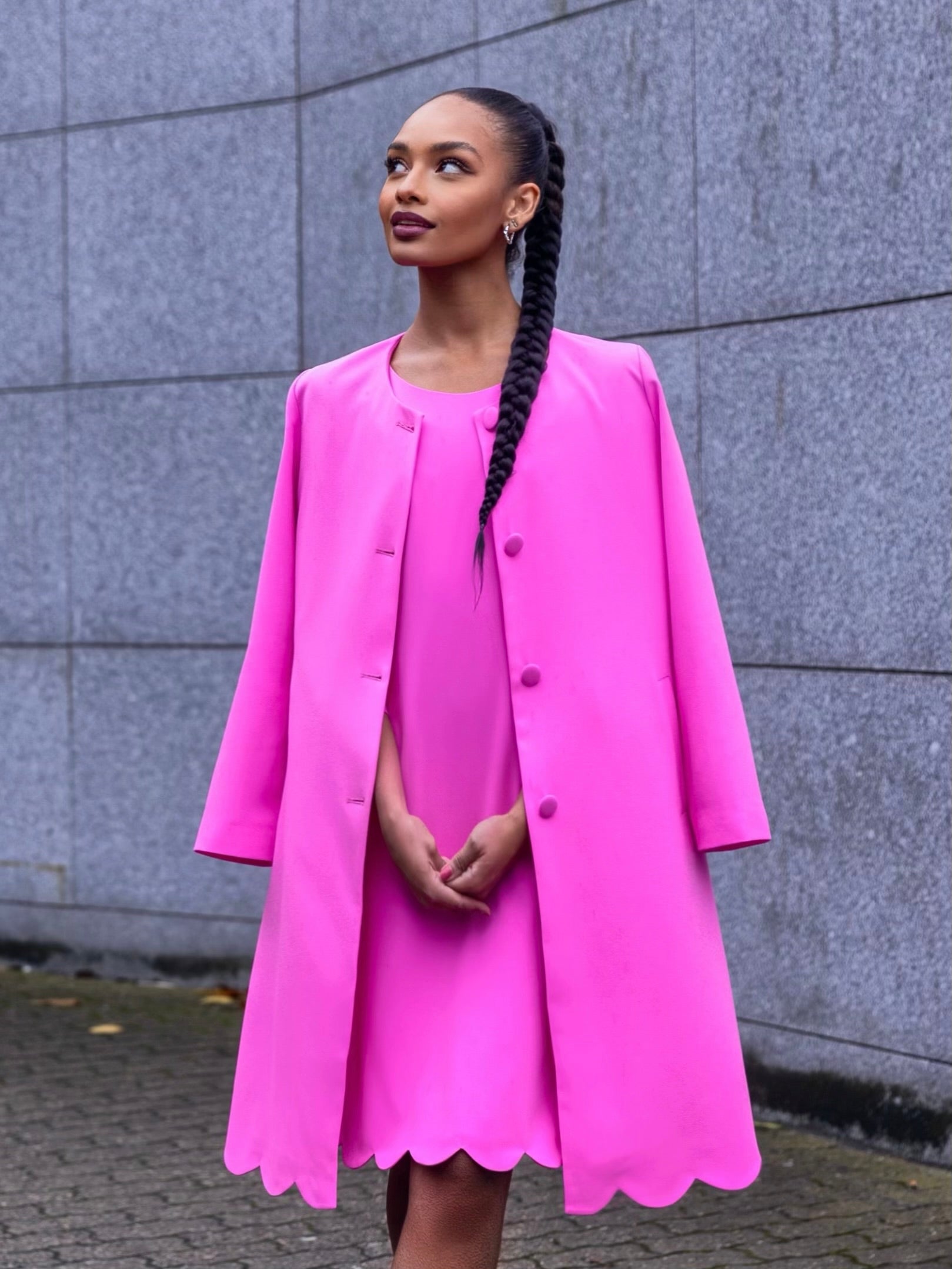 ALIZA (JOYFUL SPIRIT) PINK 2-PIECE SET W. LOOSE KNEE-LENGTH DRESS AND JACKET W. PETAL HEM DETAIL