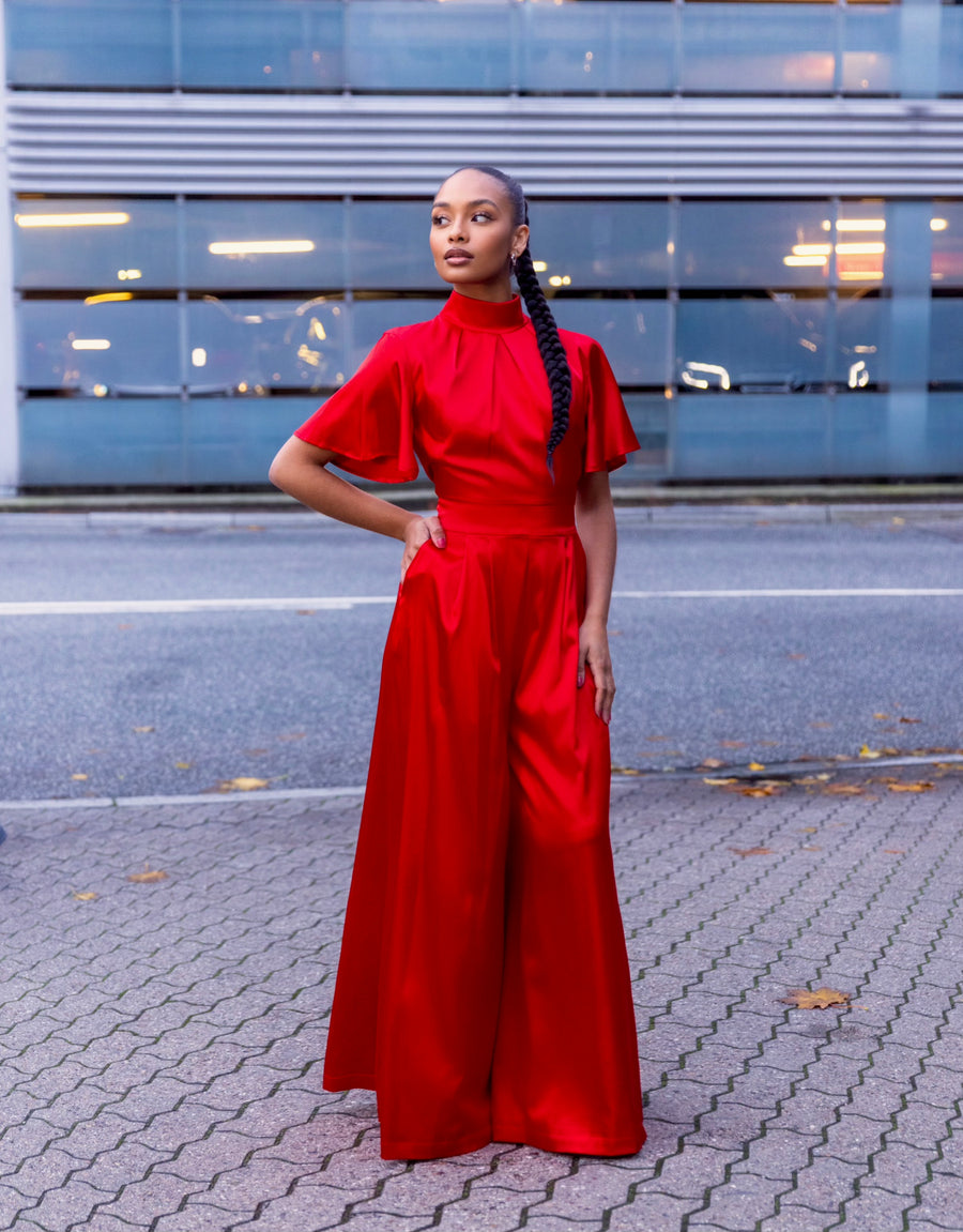 AUDREY STRONG SCARLET RED SATIN JUMPSUIT W. WIDE LEGS