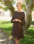 AVA (LIFE) CHOCOLATE LOOSE SATIN KEE-LENGTH DRESS W. RUFFLE SLEEVES