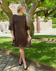 AVA (LIFE) CHOCOLATE LOOSE SATIN KEE-LENGTH DRESS W. RUFFLE SLEEVES