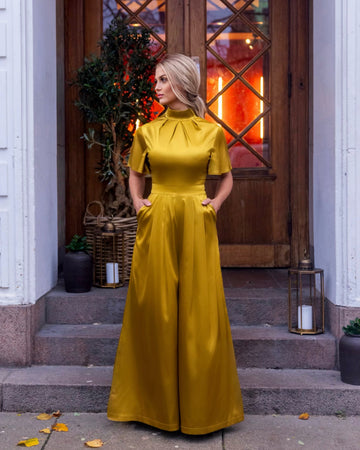 AUDREY (STRONG) OLIVE GREEN SATIN JUMPSUIT W. WIDE LEGS
