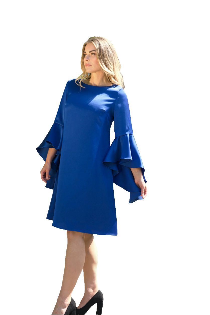 HANNAH (GRACEFUL) BLUE LOOSE SATIN DRESS WITH FLARE SLEEVES