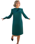 ALINA (KIND) FOREST GREEN KNEE-LENGTH DRESS WITH LONG SLEEVES, DRAPED NECKLINE AND PEARL BUTTONS