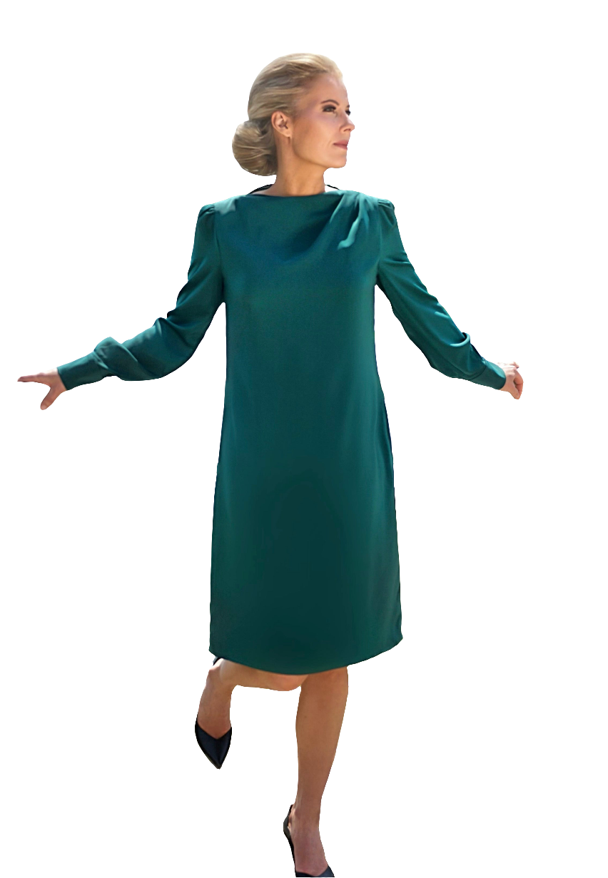 ALINA (KIND) FOREST GREEN KNEE-LENGTH DRESS WITH LONG SLEEVES, DRAPED NECKLINE AND PEARL BUTTONS