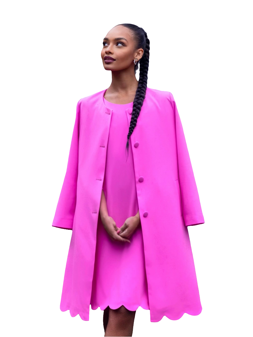 ALIZA (JOYFUL SPIRIT) PINK 2-PIECE SET W. LOOSE KNEE-LENGTH DRESS AND JACKET W. PETAL HEM DETAIL