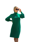 GRACE (CHARMING) BASIL GREEN KNEE-LENGTH DRESS WITH HIGH NECK, LONG SLEEVES AND PEARL BUTTONS