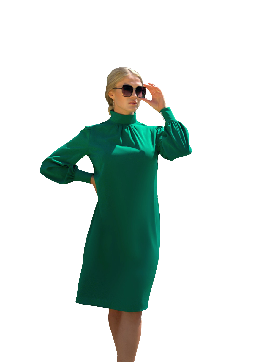 GRACE (CHARMING) BASIL GREEN KNEE-LENGTH DRESS WITH HIGH NECK, LONG SLEEVES AND PEARL BUTTONS