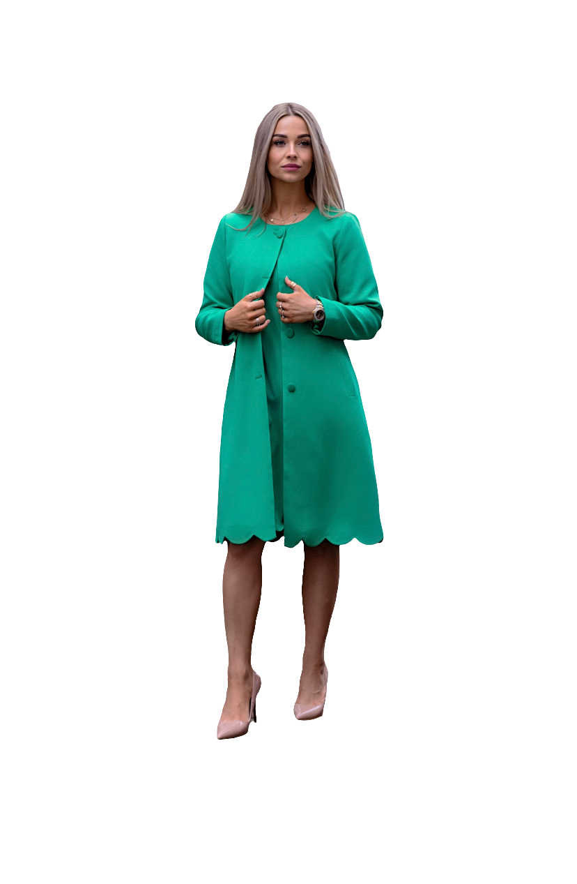 ALIZA (JOYFUL SPIRIT) BRIGHT GREEN 2-PIECE SET W. LOOSE KNEE-LENGTH DRESS AND JACKET W. PETAL HEM DETAIL