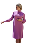 GRACE (CHARMING) DUSTY PINK KNEE-LENGTH DRESS WITH HIGH NECK, LONG SLEEVES AND PEARL BUTTONS