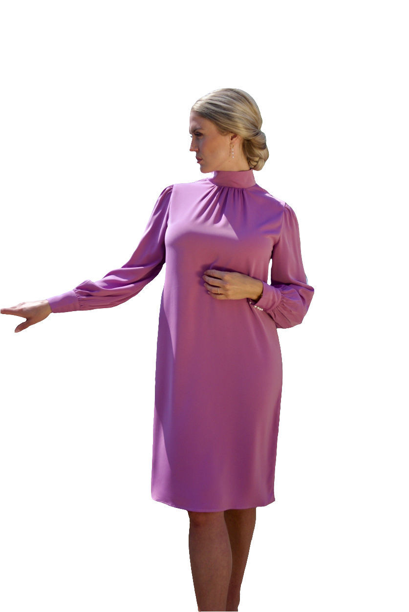 GRACE (CHARMING) DUSTY PINK KNEE-LENGTH DRESS WITH HIGH NECK, LONG SLEEVES AND PEARL BUTTONS