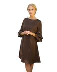 AVA (LIFE) CHOCOLATE LOOSE SATIN KEE-LENGTH DRESS W. RUFFLE SLEEVES