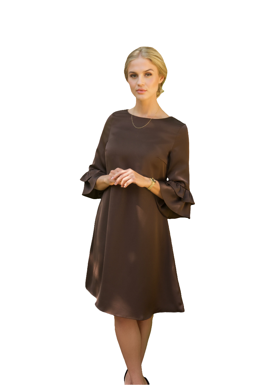 AVA (LIFE) CHOCOLATE LOOSE SATIN KEE-LENGTH DRESS W. RUFFLE SLEEVES