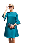 AVA (LIFE) EMERALD LOOSE SATIN KEE-LENGTH DRESS W. RUFFLE SLEEVES