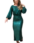 ESTELLE (STAR) DARK GREEN CLASSIC MID CALF-LENGTH SEQUIN DRESS W. LONG BUBBLE SLEEVES