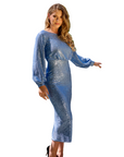 ESTELLE (STAR) SKY BLUE CLASSIC MID CALF-LENGTH SEQUIN DRESS W. LONG BUBBLE SLEEVES