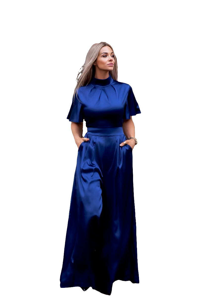 AUDREY (STRONG) DARK BLUE SATIN JUMPSUIT W. WIDE LEGS